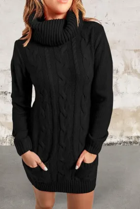 Black Cowl Neck Cable Knit Sweater Dress