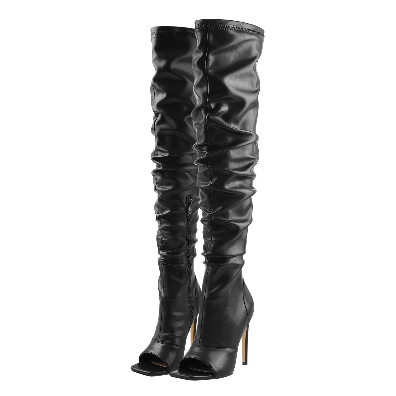 Black Open Square Toe Knee High Stiletto Zipper Boots