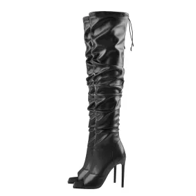 Black Open Square Toe Knee High Stiletto Zipper Boots