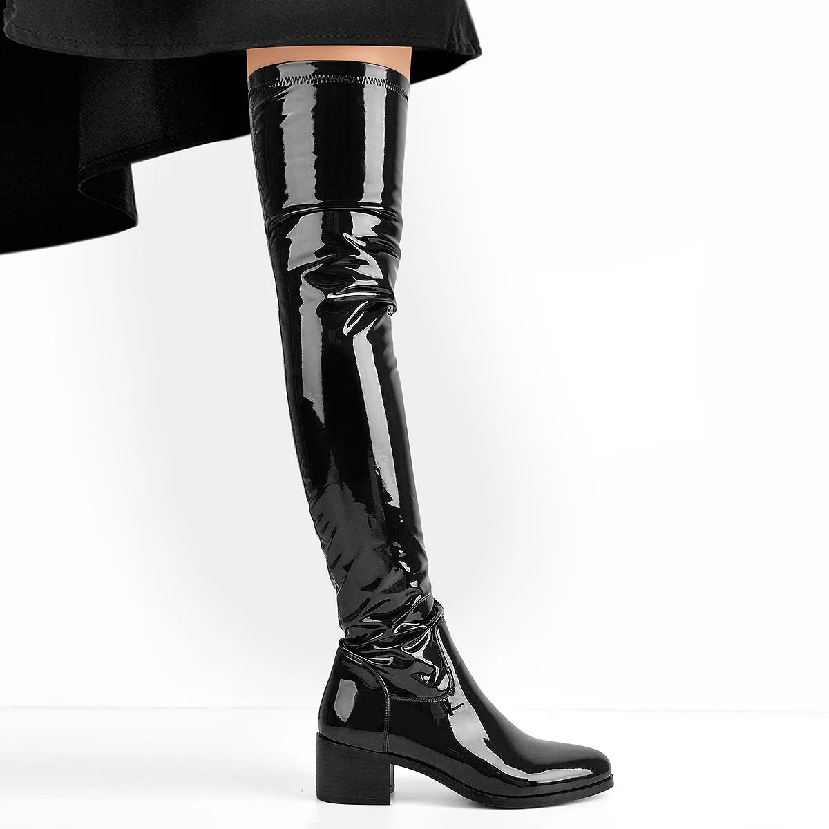 Black Patent Leather Knee High Boots