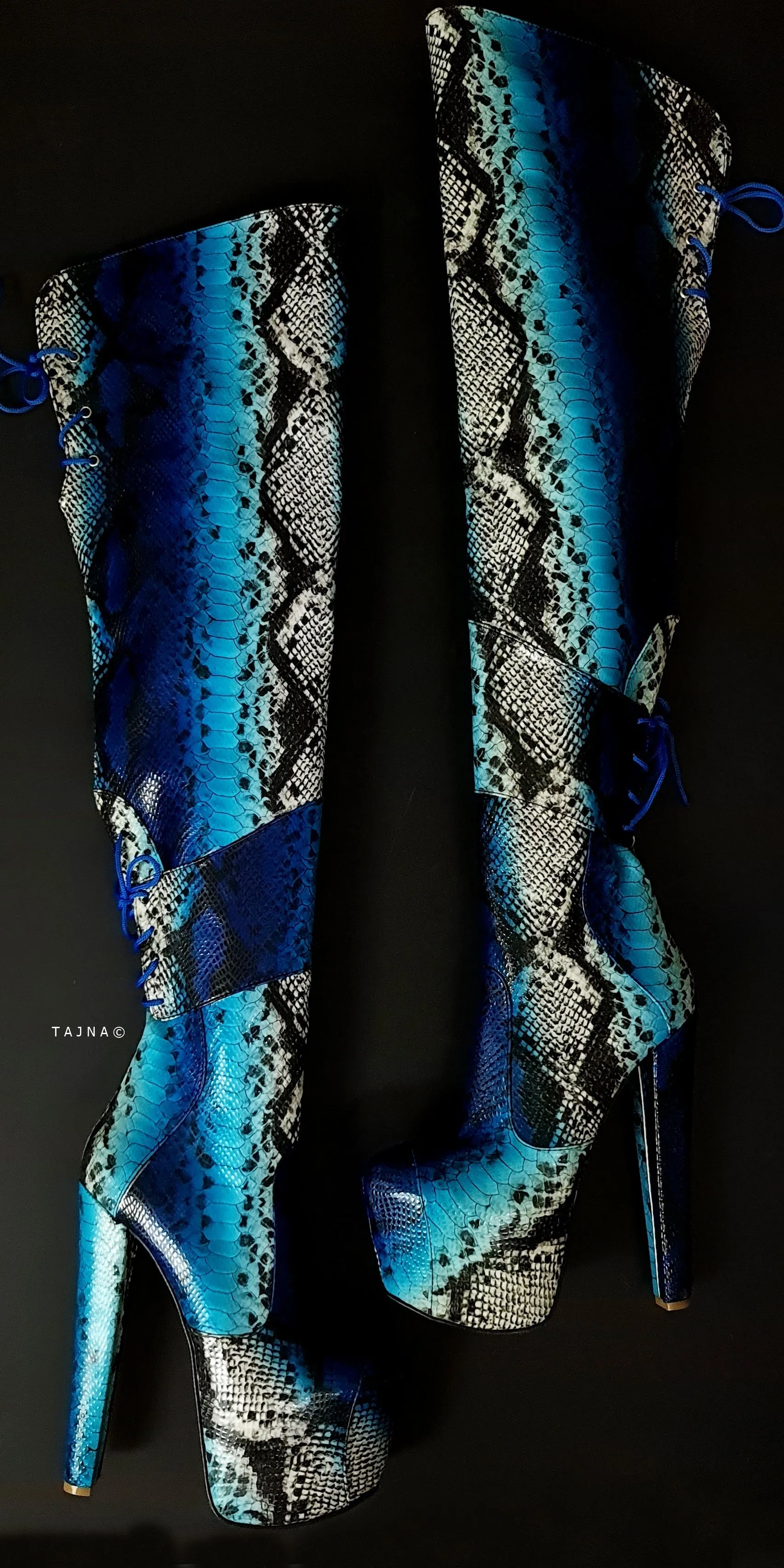 Blue Snake Print Chunky High Heel Thigh Boots