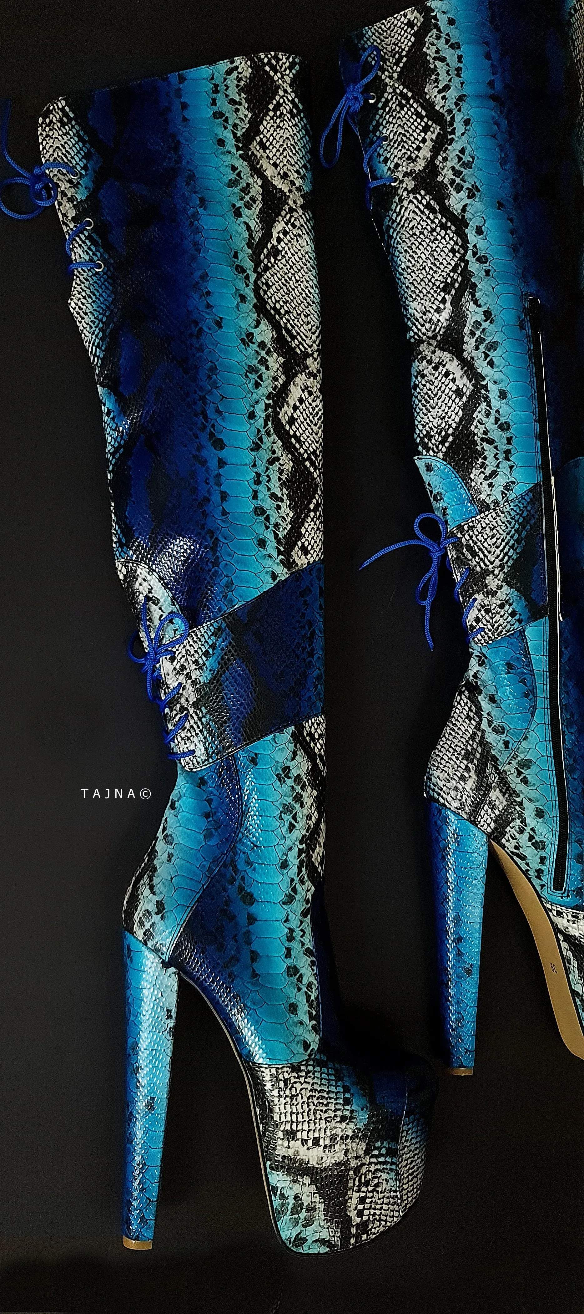 Blue Snake Print Chunky High Heel Thigh Boots