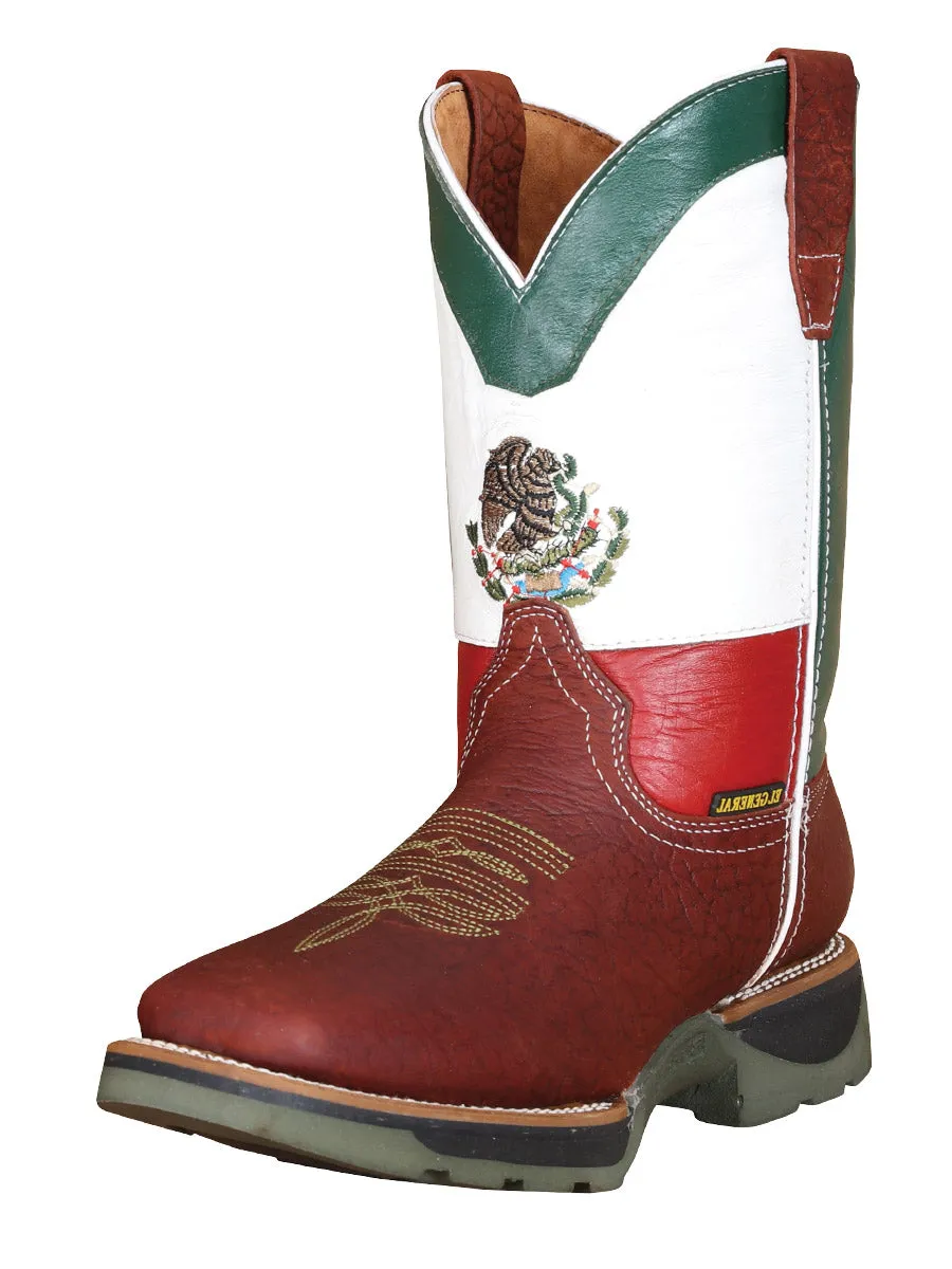 Botas de Trabajo Rodeo de Tubo Pull-On Bandera Mexico con Punta Suave de Piel Genuina para Hombre 'El General' - ID: 41717