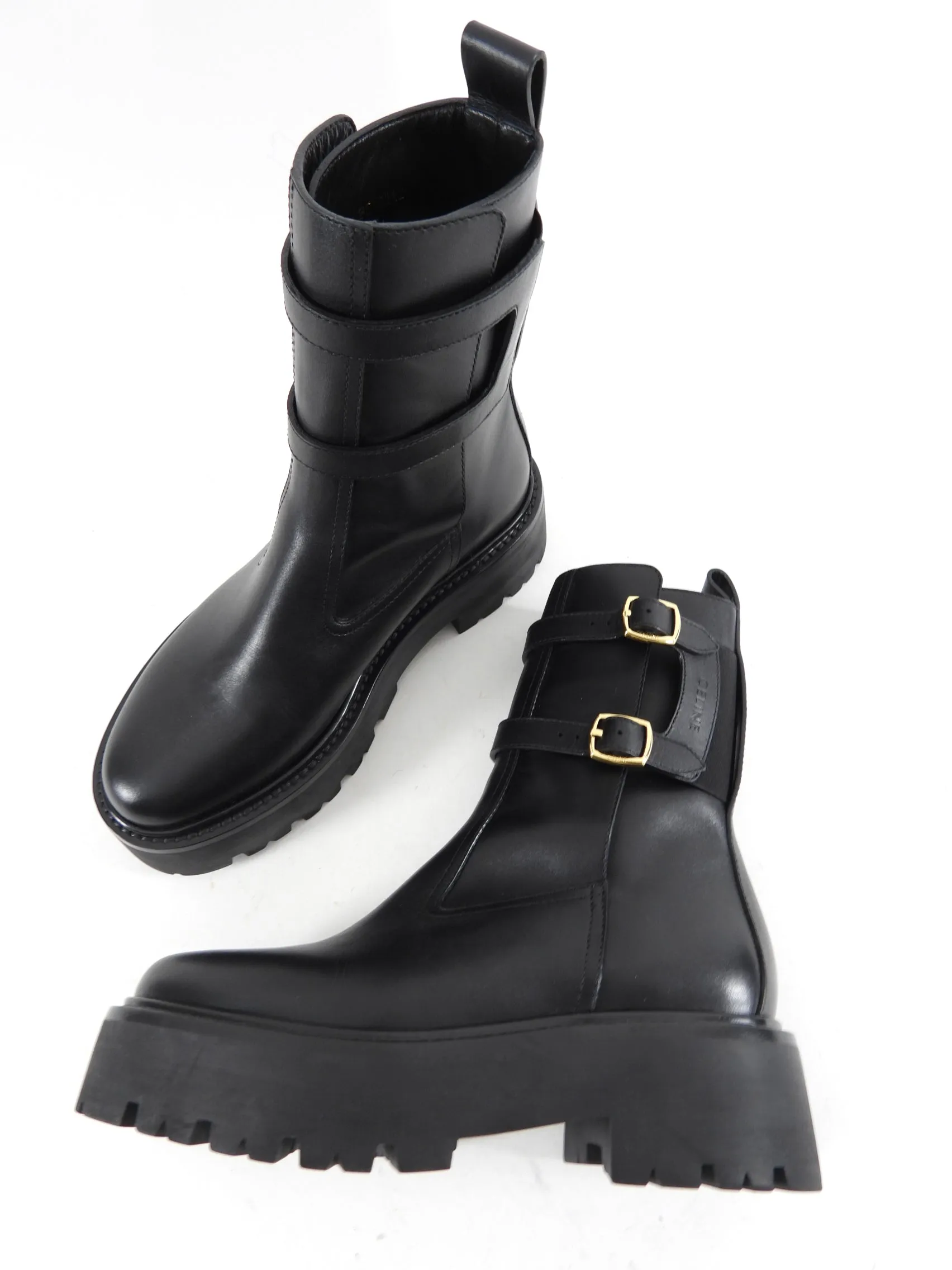 Celine Black Track Sole Double Buckle Ankle Boots - 37 / USA 7