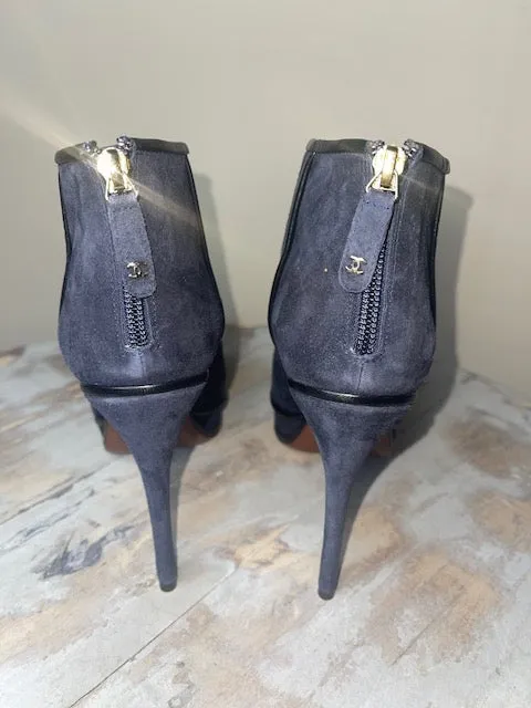 Chanel Suede Kid Navy Booties Size 38