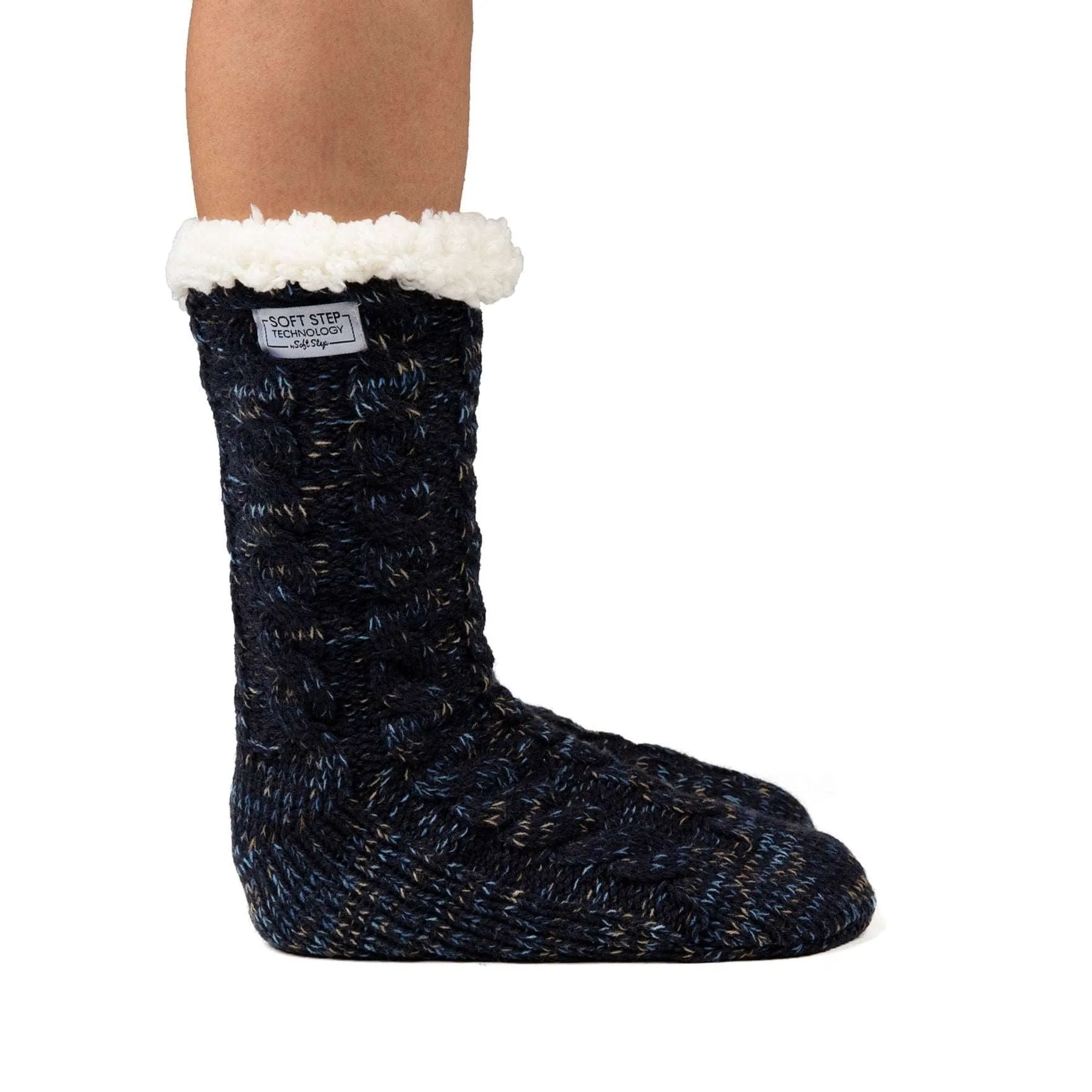 Cosy Long Navy Cable Knit with Fleck Dye Yarn Sock, Stl One Size 36-41 (Vuxna)