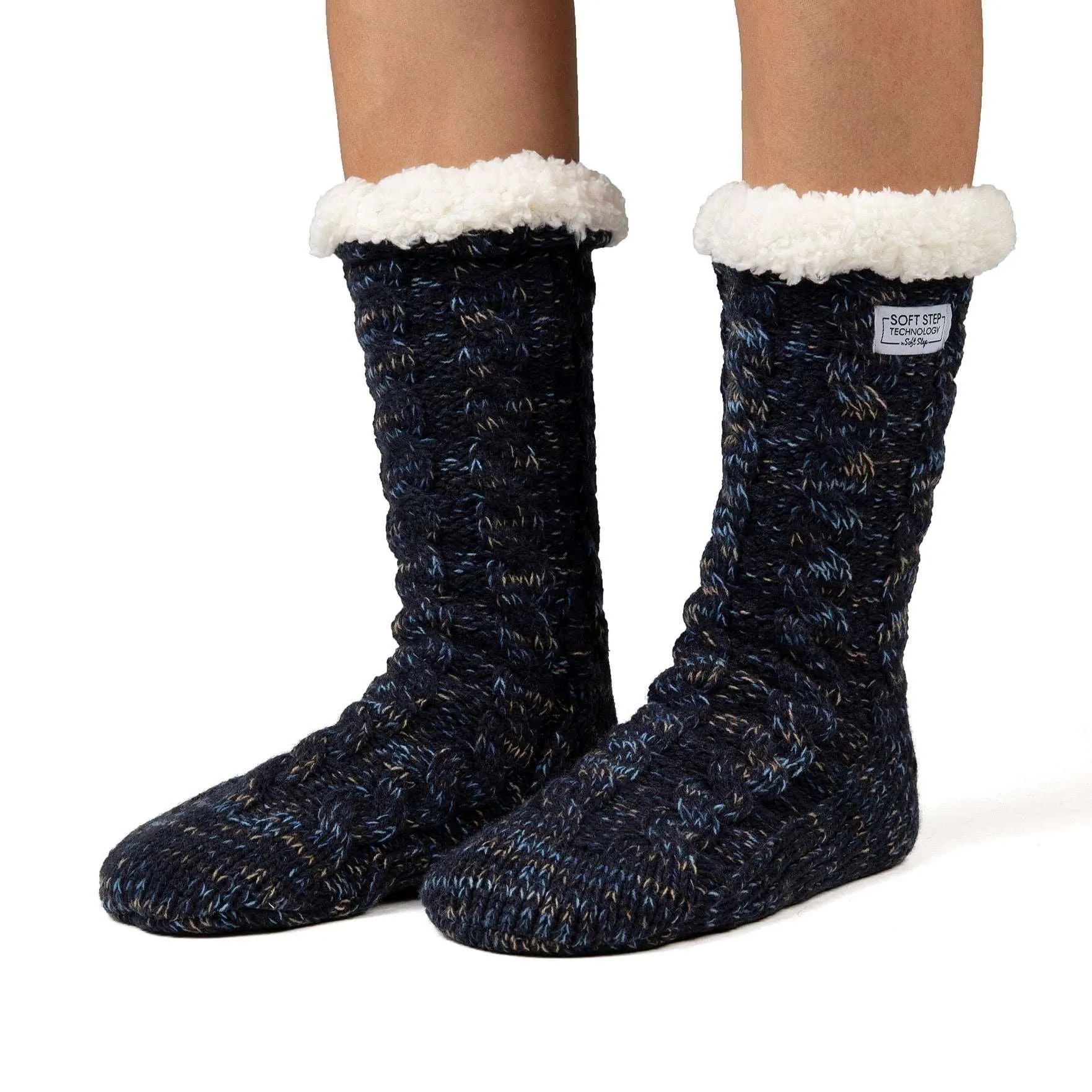 Cosy Long Navy Cable Knit with Fleck Dye Yarn Sock, Stl One Size 36-41 (Vuxna)