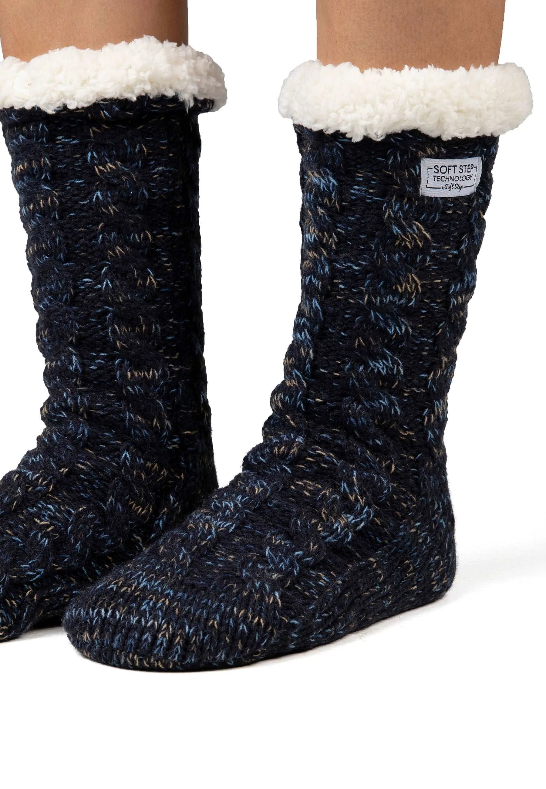 Cosy Long Navy Cable Knit with Fleck Dye Yarn Sock, Stl One Size 36-41 (Vuxna)