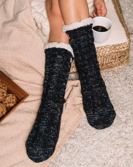 Cosy Long Navy Cable Knit with Fleck Dye Yarn Sock, Stl One Size 36-41 (Vuxna)