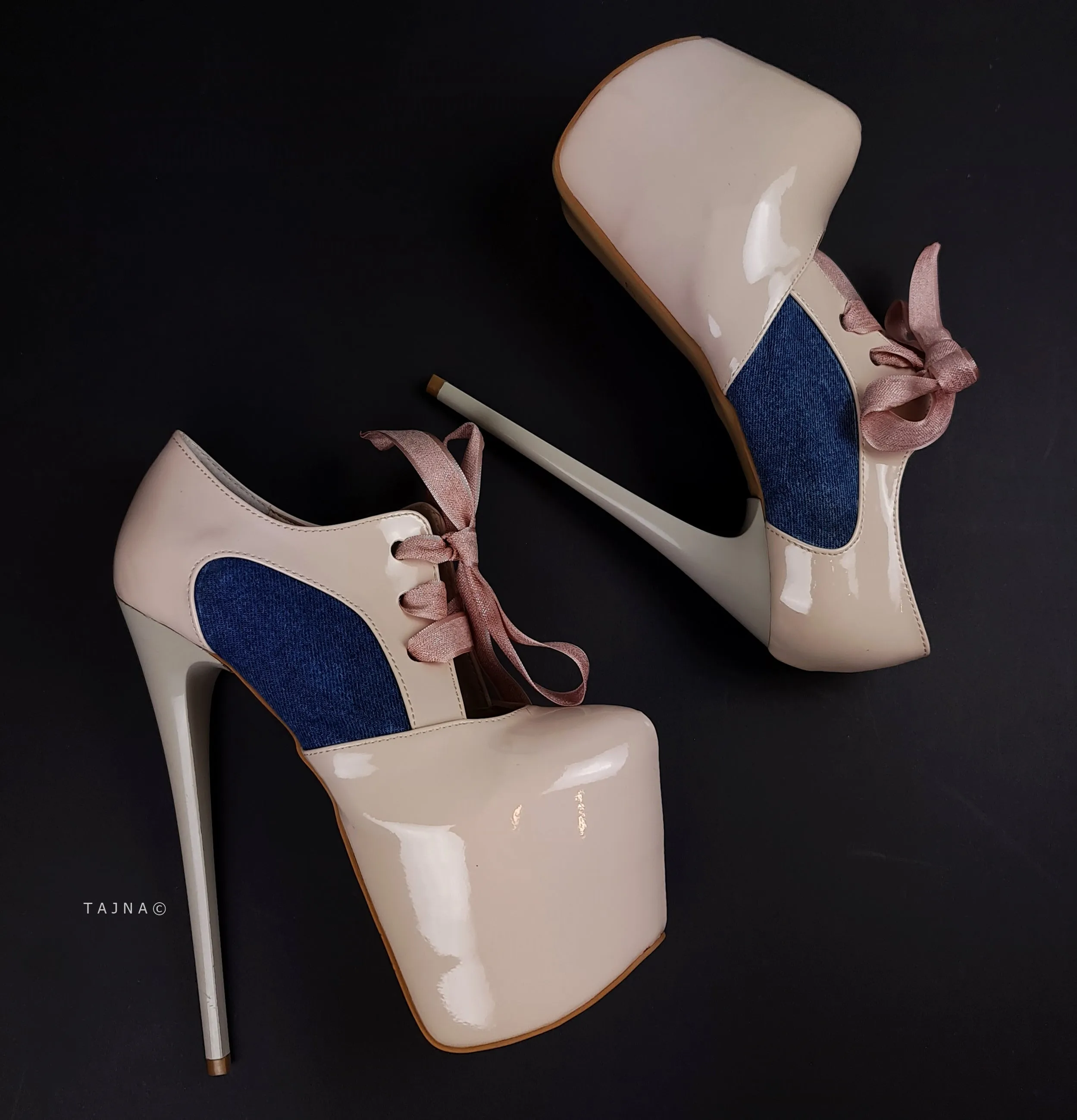 Cream Nude Gloss Jean Detail Ankle Cut Heels