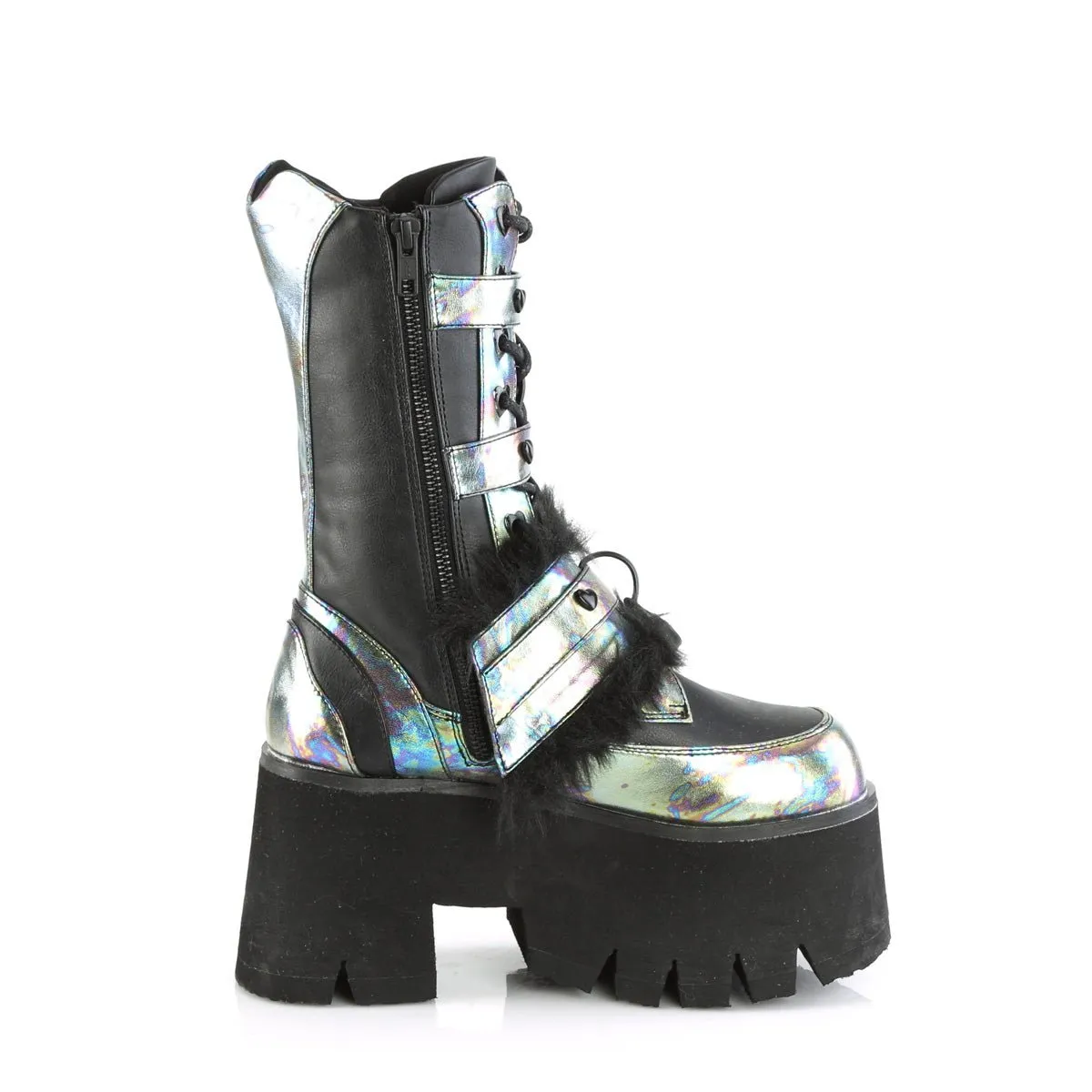 Demonia ASHES-120 | Black PU & Green Holo Mid-Calf Boots