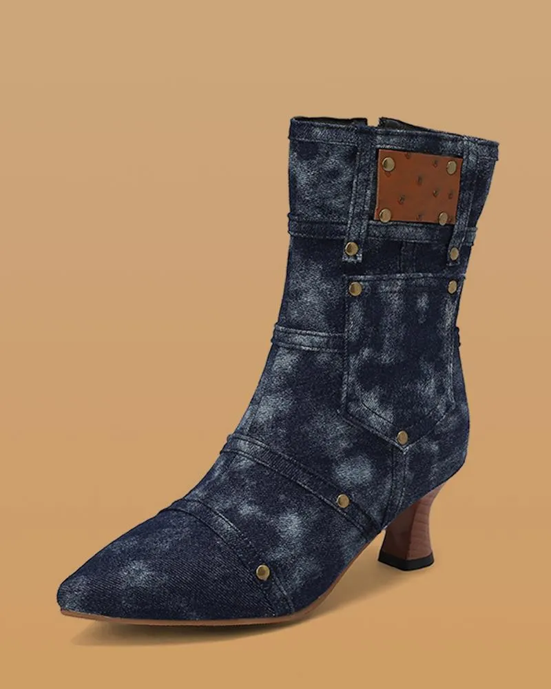 Denim Rivet Zipper Ankle Boots