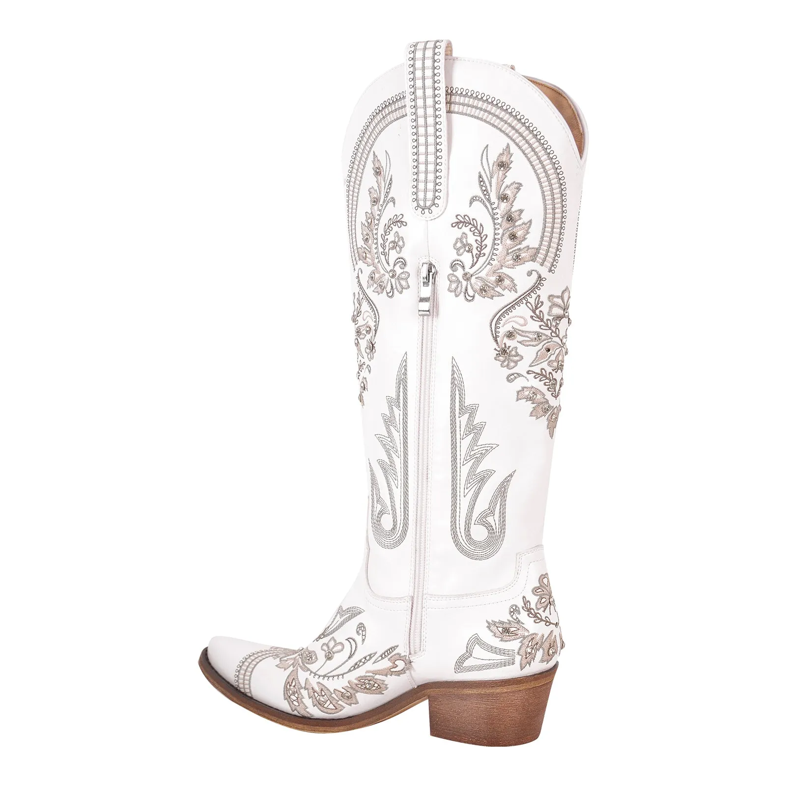 Embroidery Rhinestone Chunky Heel Thigh High Boots