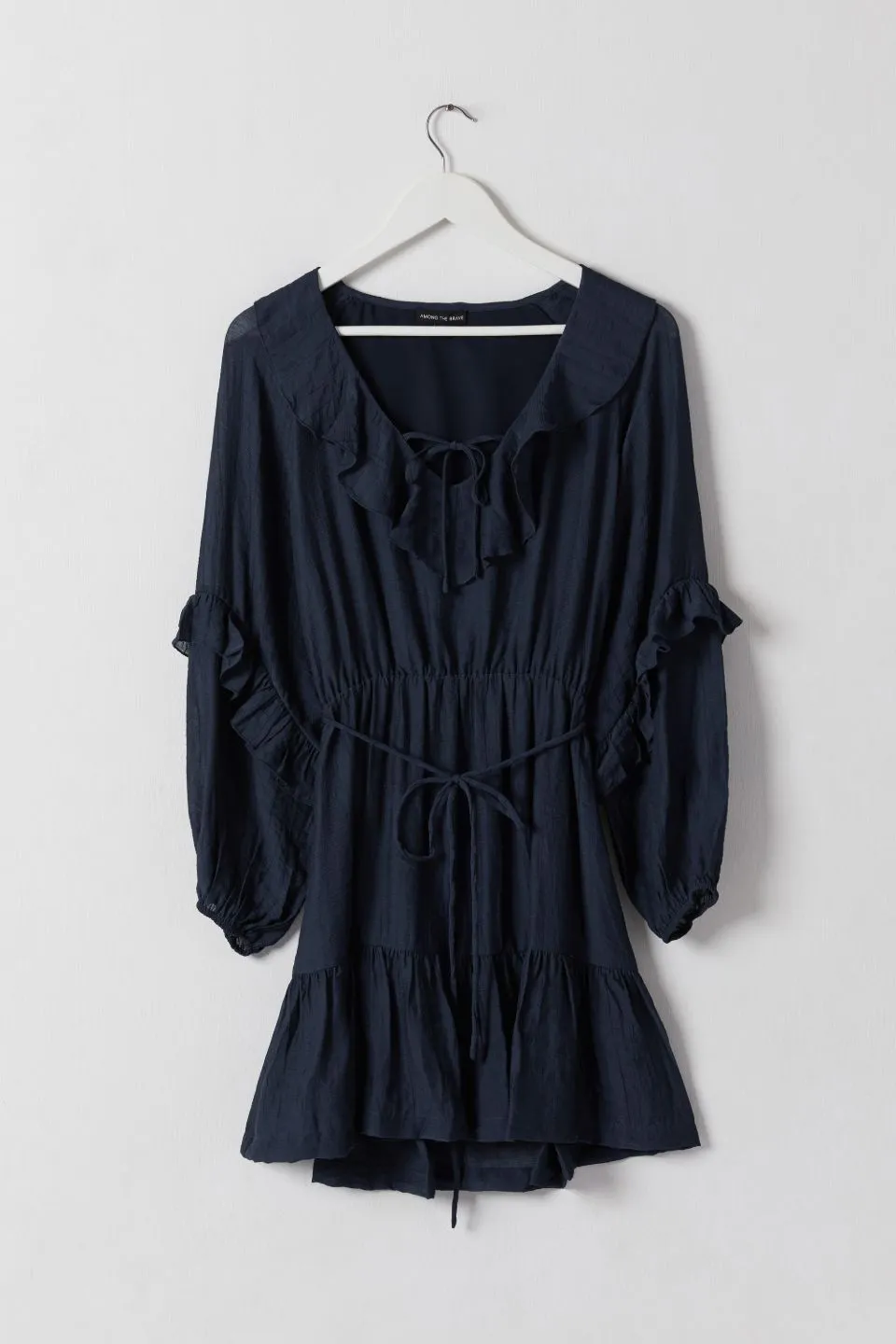 Gracious Navy Texture Frill Neck LS Frill Hem Dress