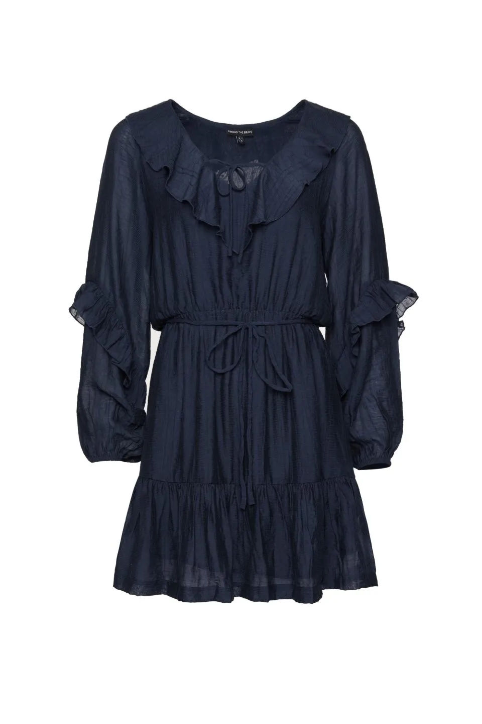 Gracious Navy Texture Frill Neck LS Frill Hem Dress