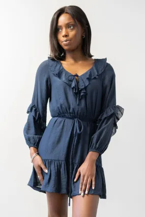 Gracious Navy Texture Frill Neck LS Frill Hem Dress