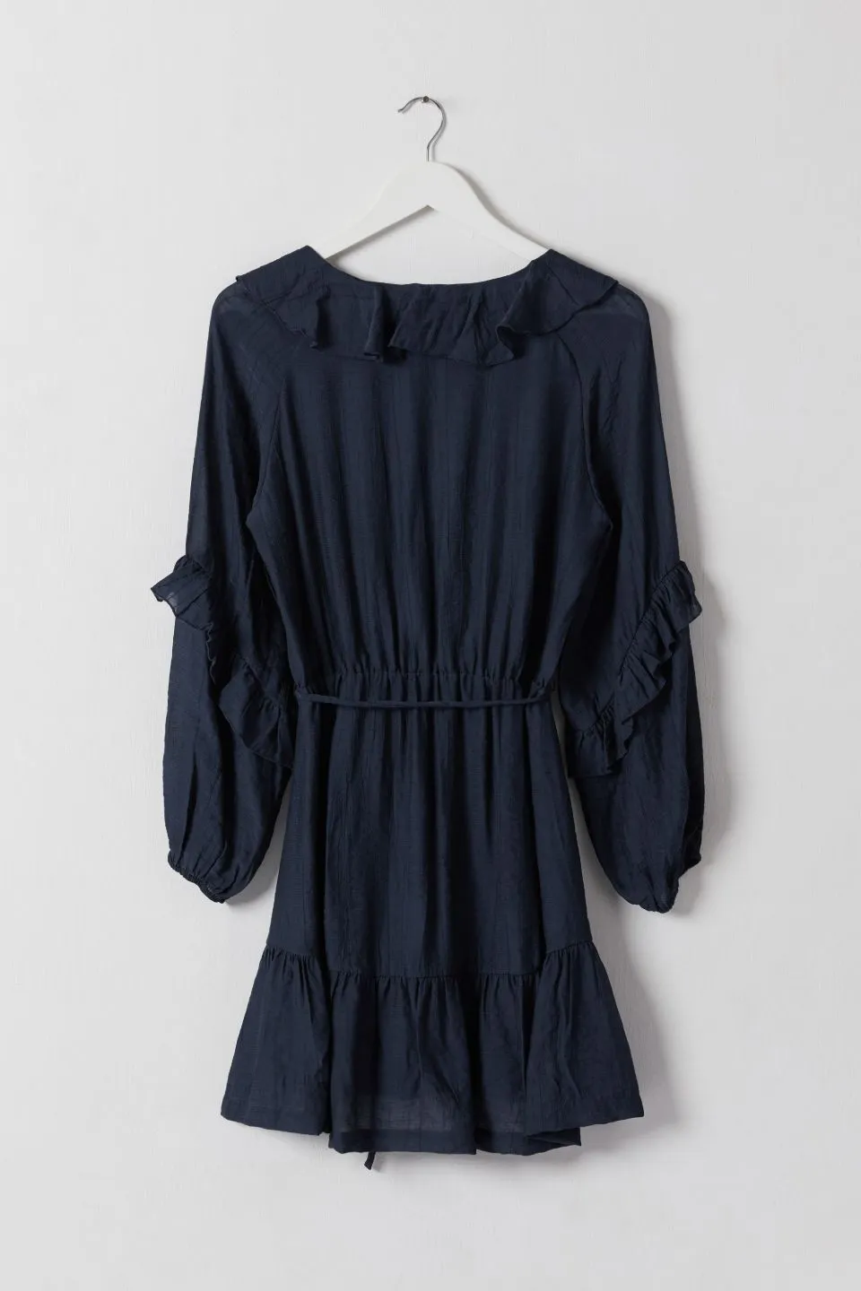 Gracious Navy Texture Frill Neck LS Frill Hem Dress