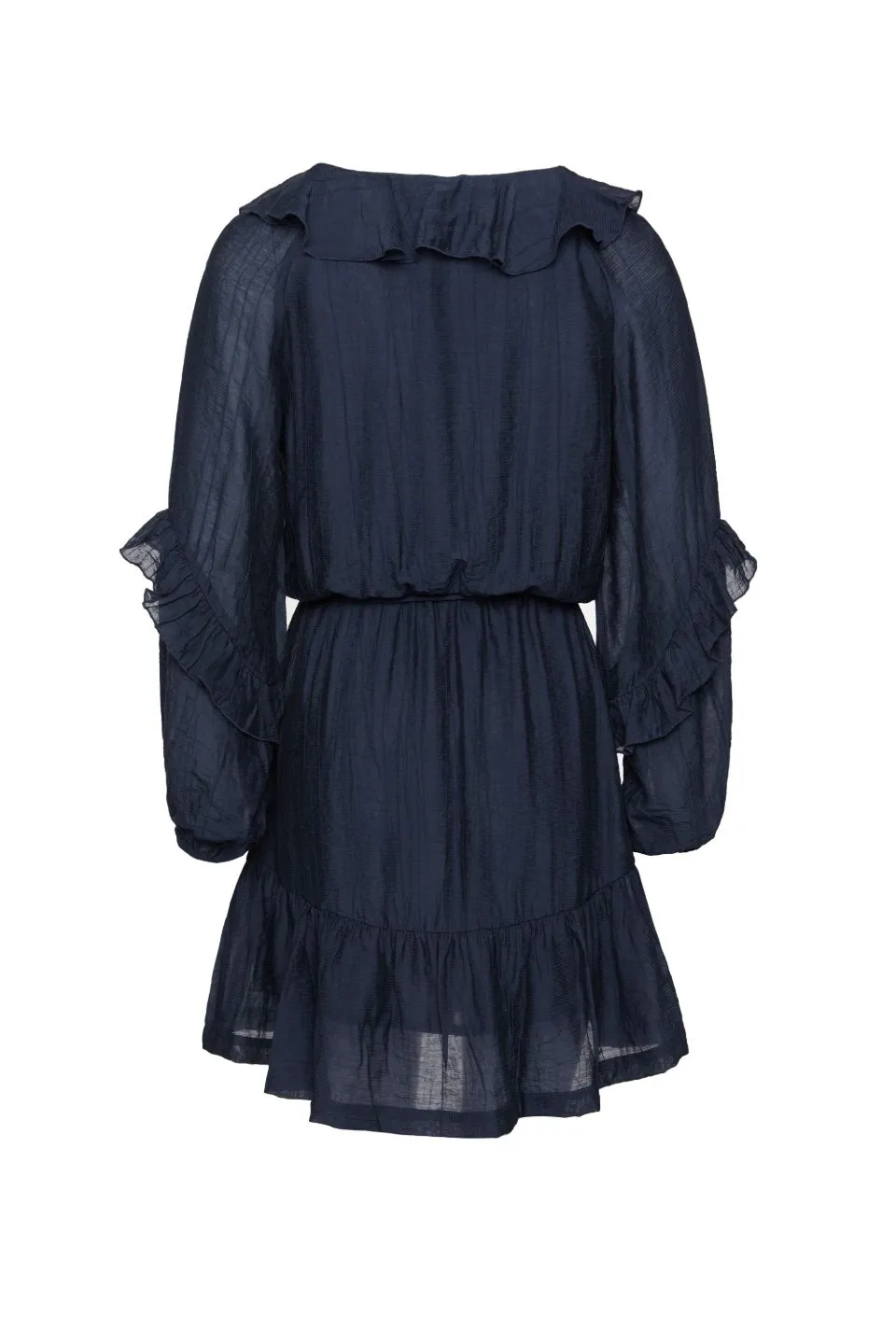 Gracious Navy Texture Frill Neck LS Frill Hem Dress