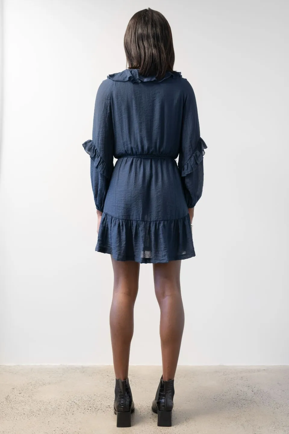 Gracious Navy Texture Frill Neck LS Frill Hem Dress