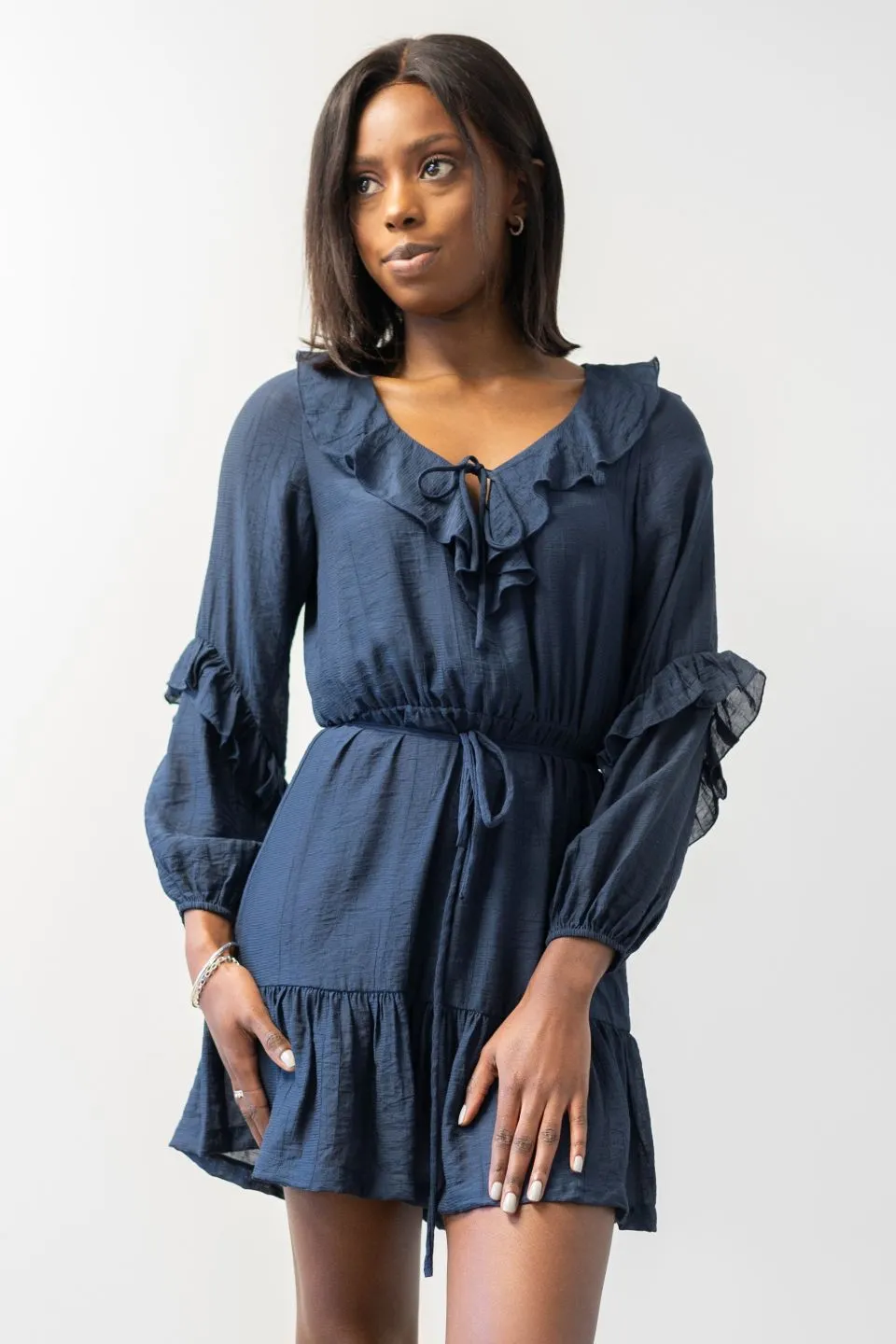 Gracious Navy Texture Frill Neck LS Frill Hem Dress