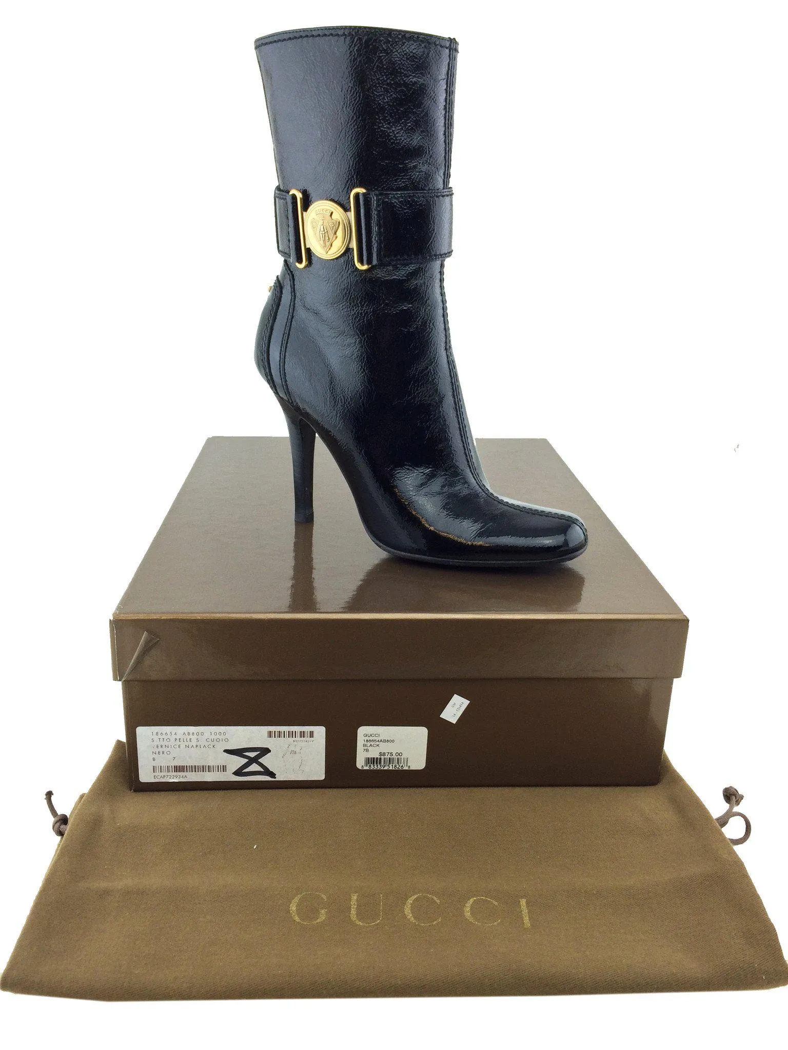 Gucci Patent Leather Shield Ankle Boots Size 7