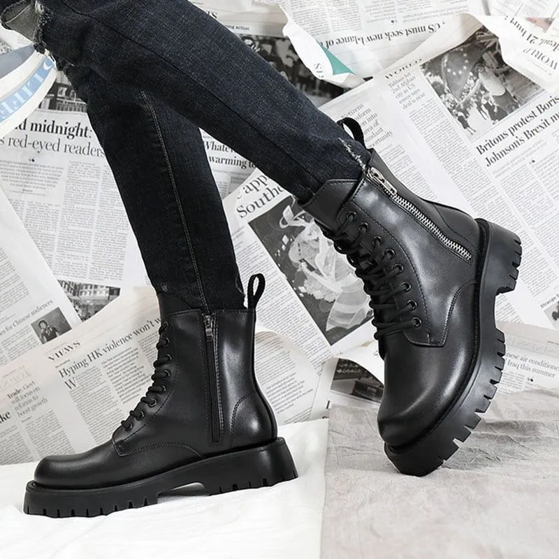 Men's Casual Shoes QS347 - Black Leather Thick Ankle Boots