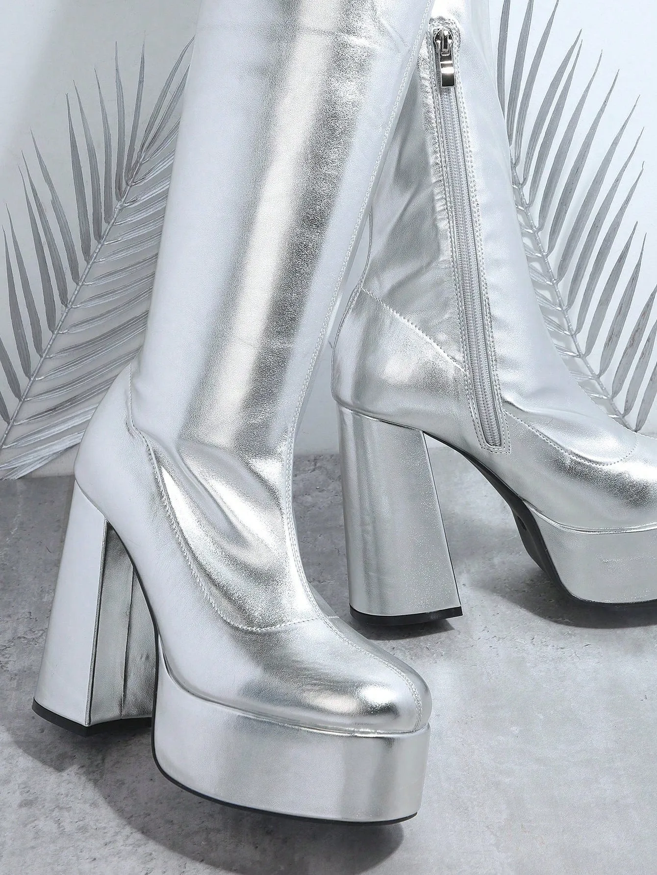 Metallic Faux Leather Thigh High Boots