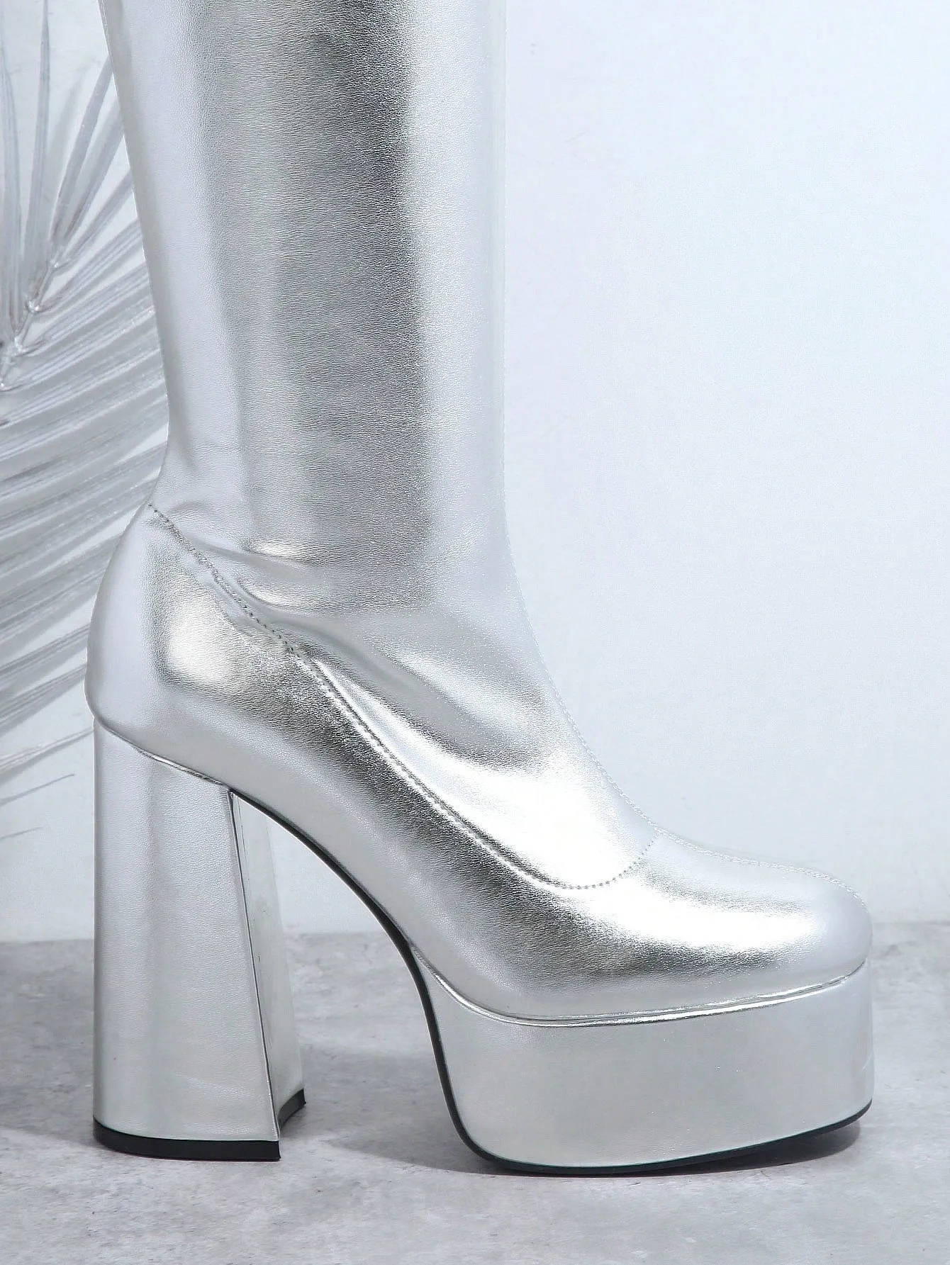 Metallic Faux Leather Thigh High Boots