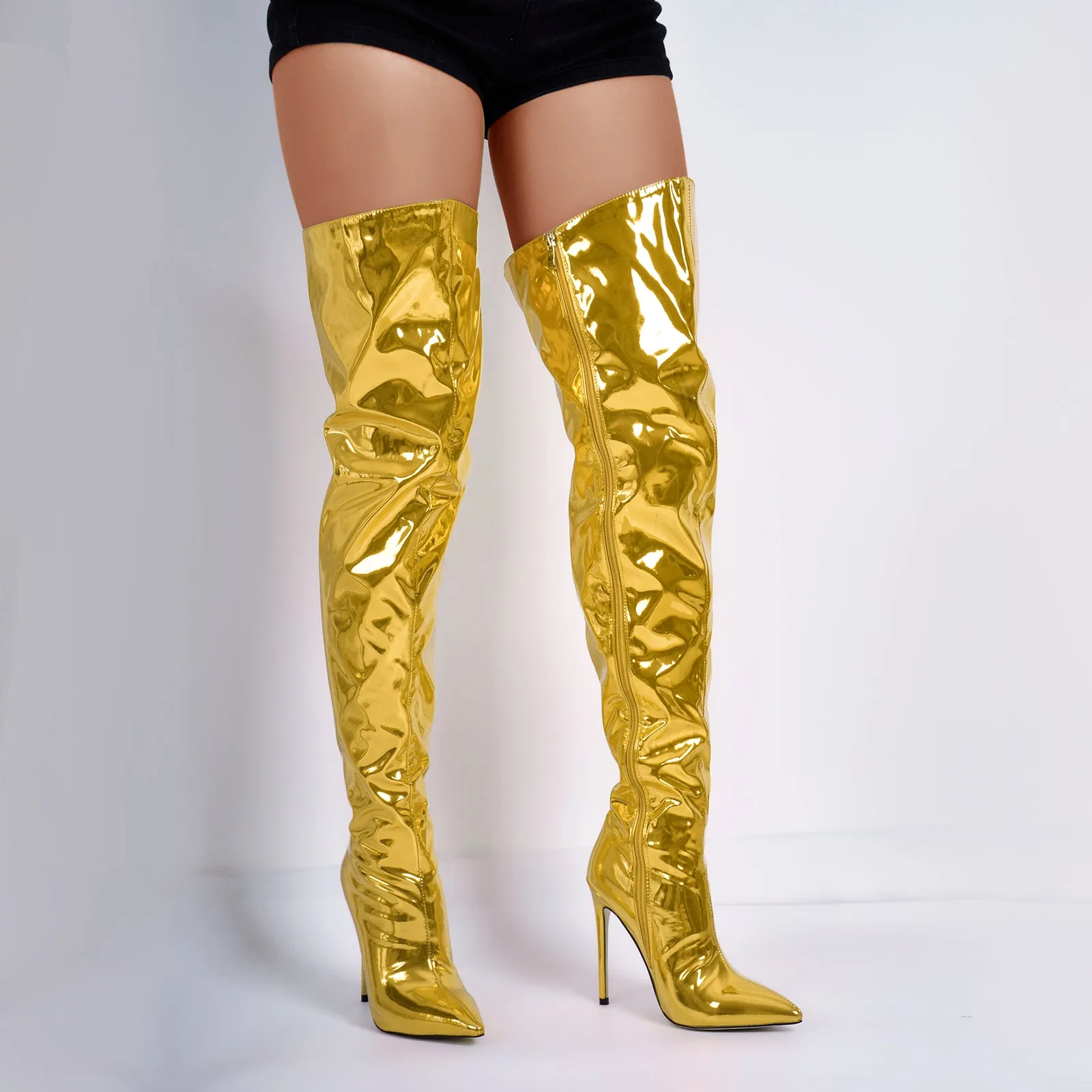 Metallic Pointed Toe Stiletto Over The Knee Boots