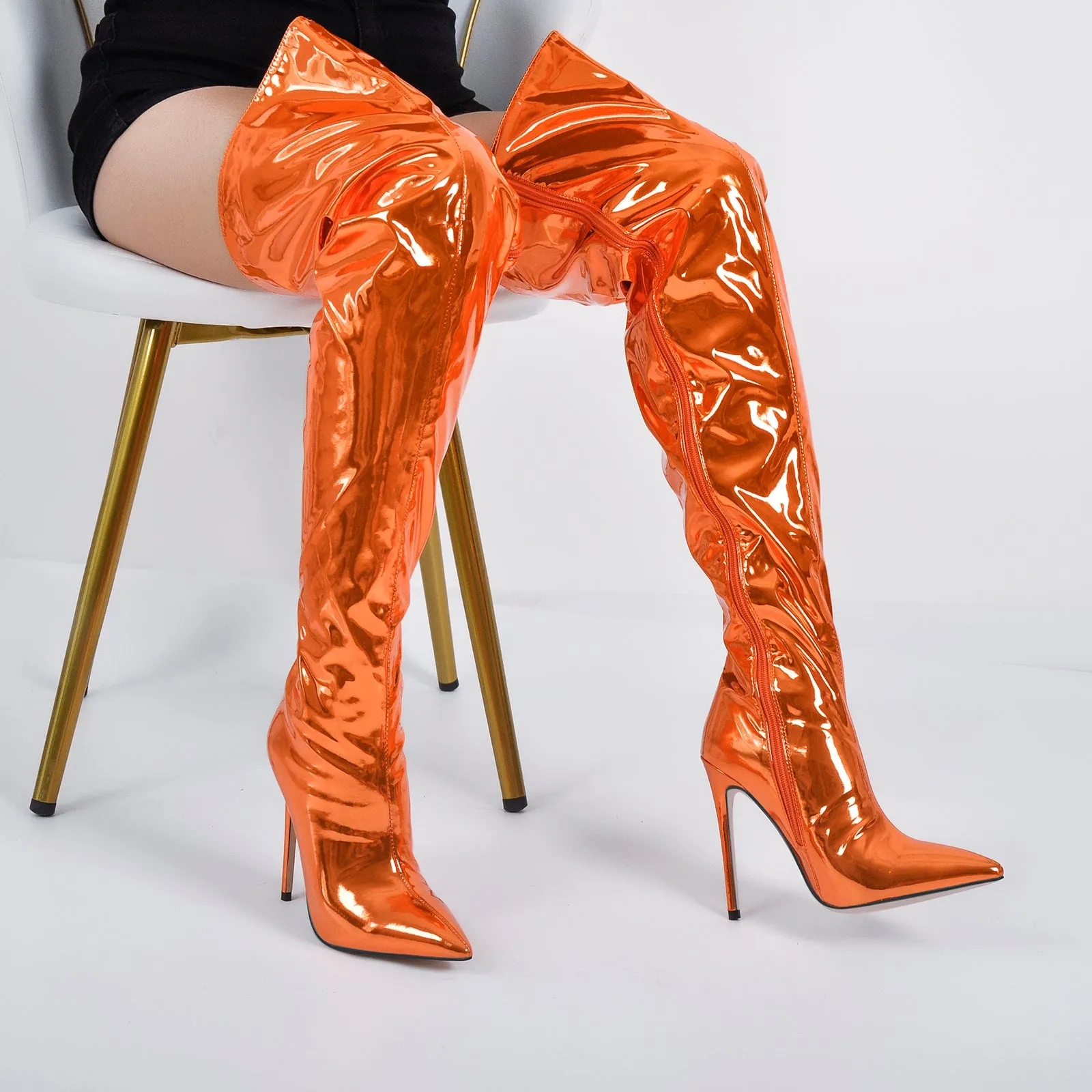 Metallic Pointed Toe Stiletto Over The Knee Boots