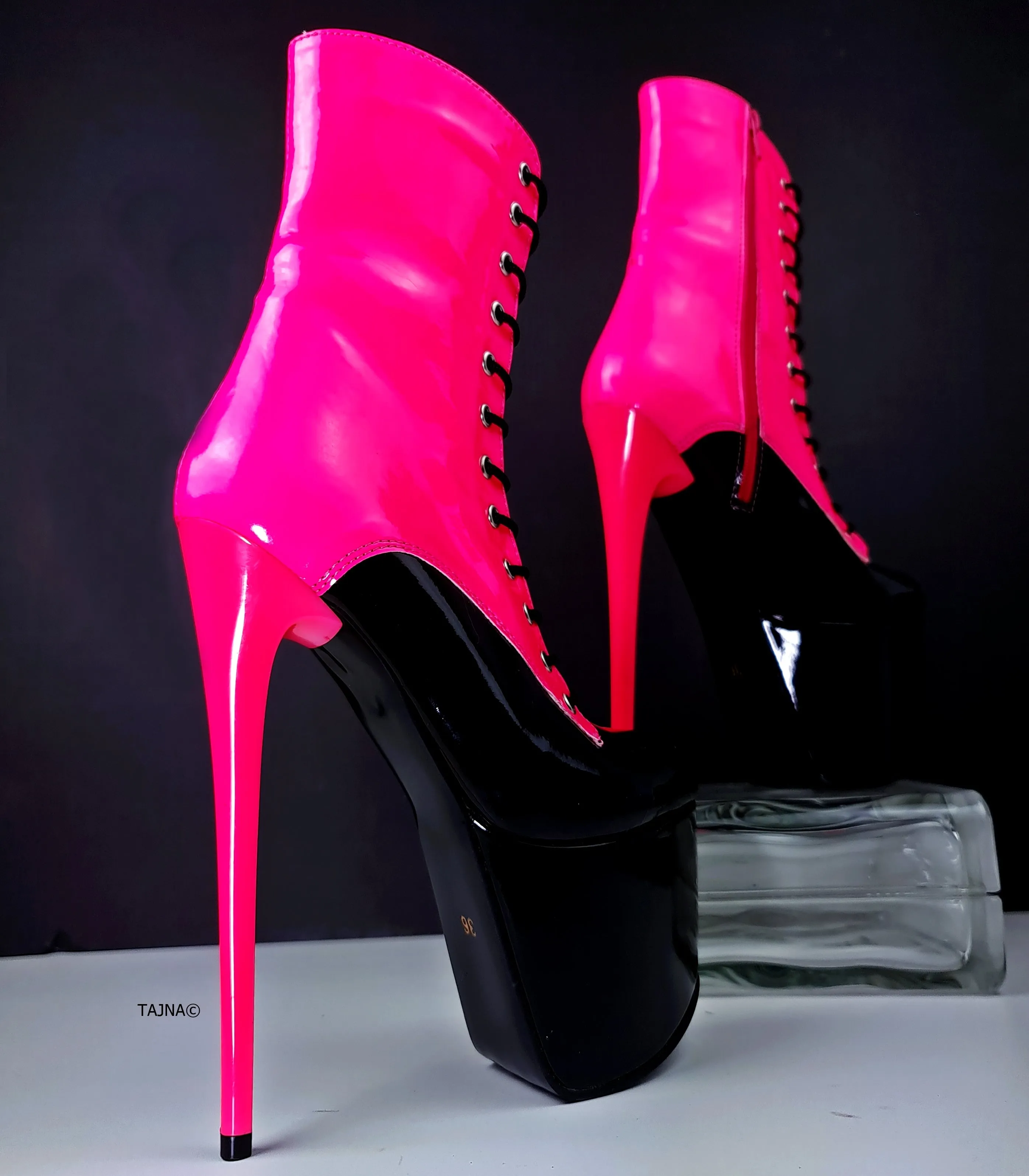 Multi Colour Neon Pink Black Gloss Lace Up Boots