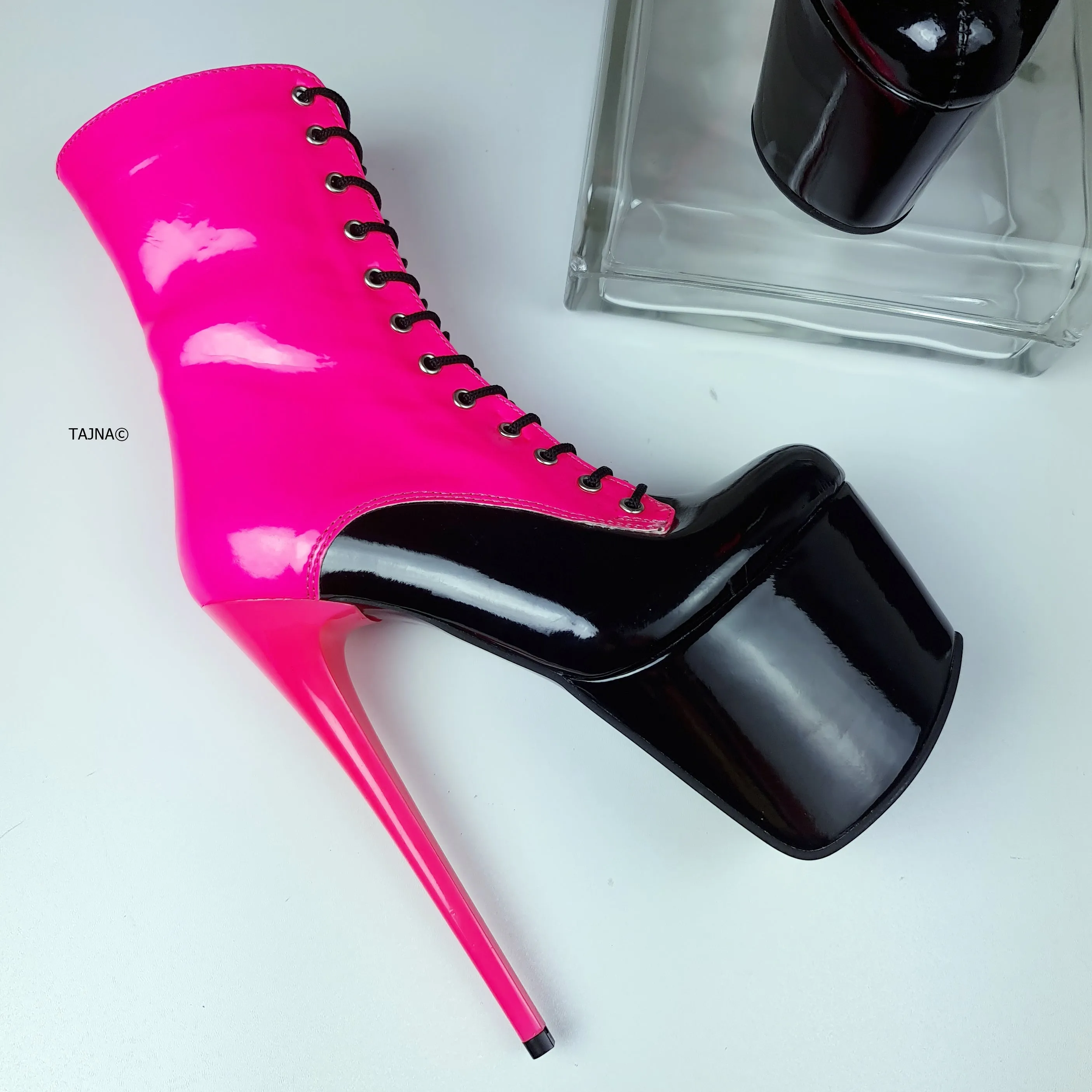 Multi Colour Neon Pink Black Gloss Lace Up Boots