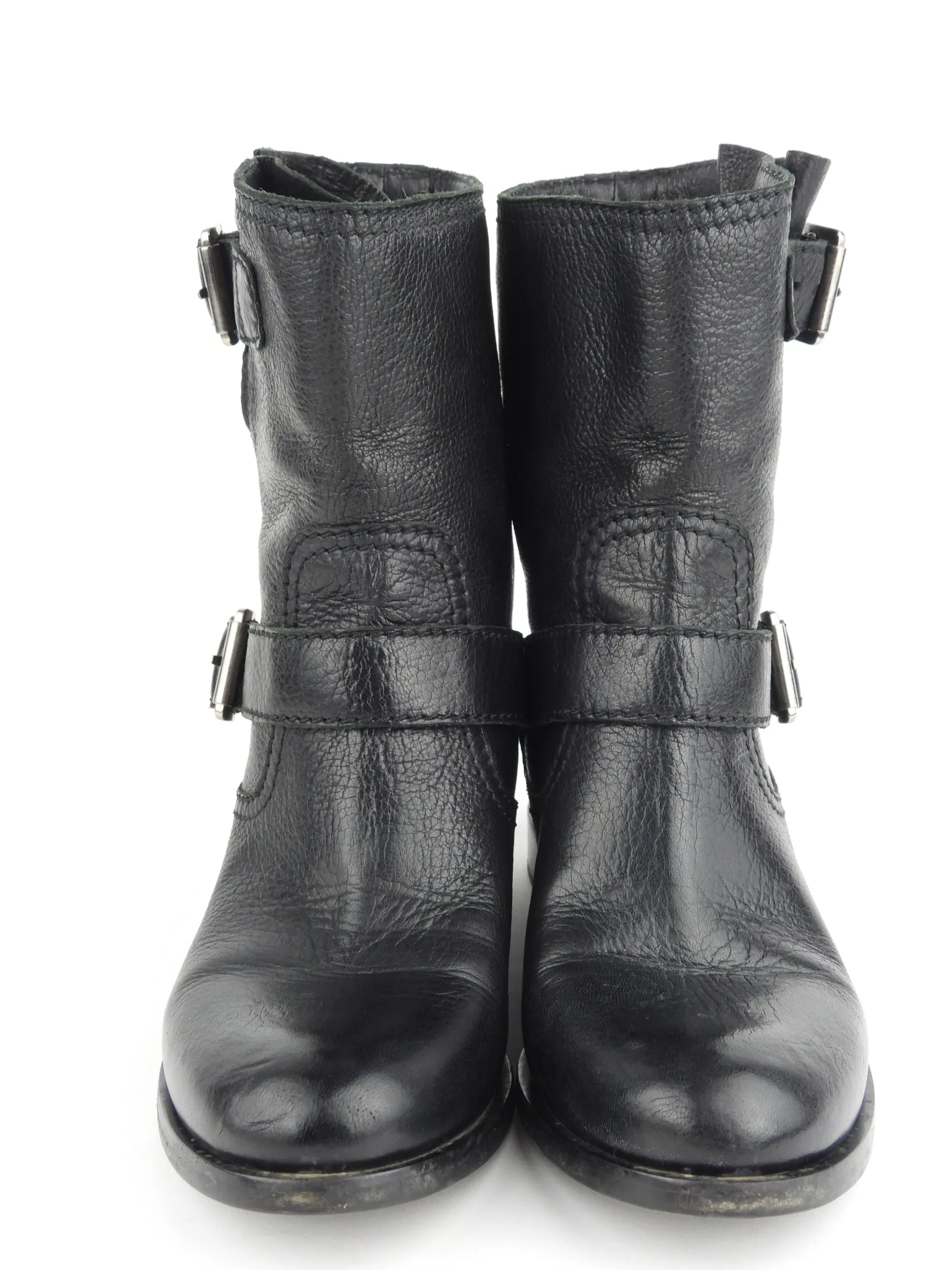 Prada Black Grained Leather Buckled Mid Calf Boots - 37.5