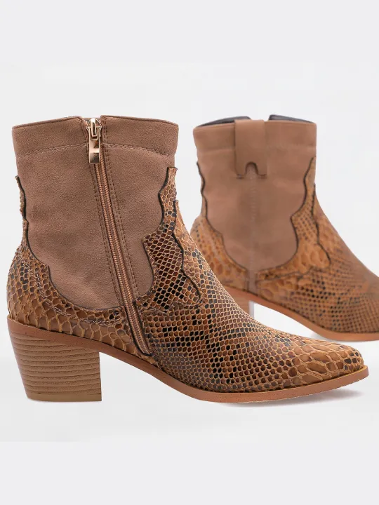 Snakeskin Cowboy Pointed Toe Chunky Heel Zipper Ankle Boots