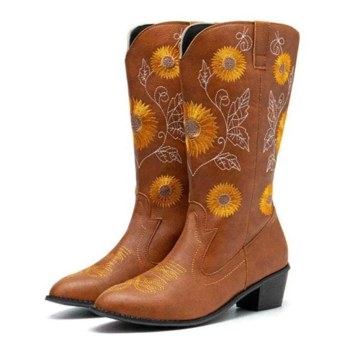 Women's Embroidery Chunky Heel Round Toe Cowgirl Boots