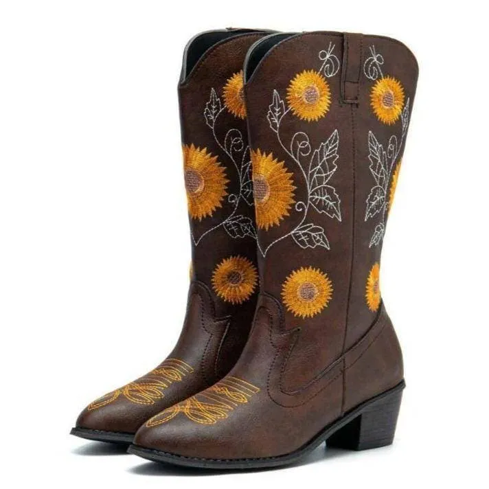 Women's Embroidery Chunky Heel Round Toe Cowgirl Boots