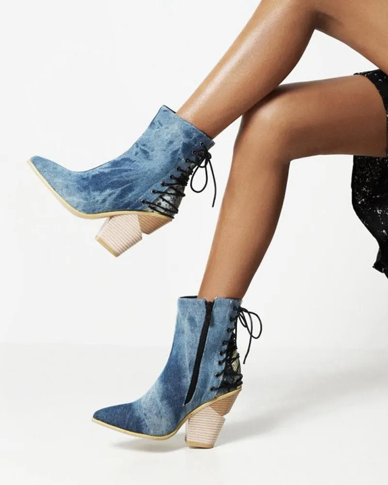 Women's Fashion Color-Blocking Zipper Chunky Heel Boots