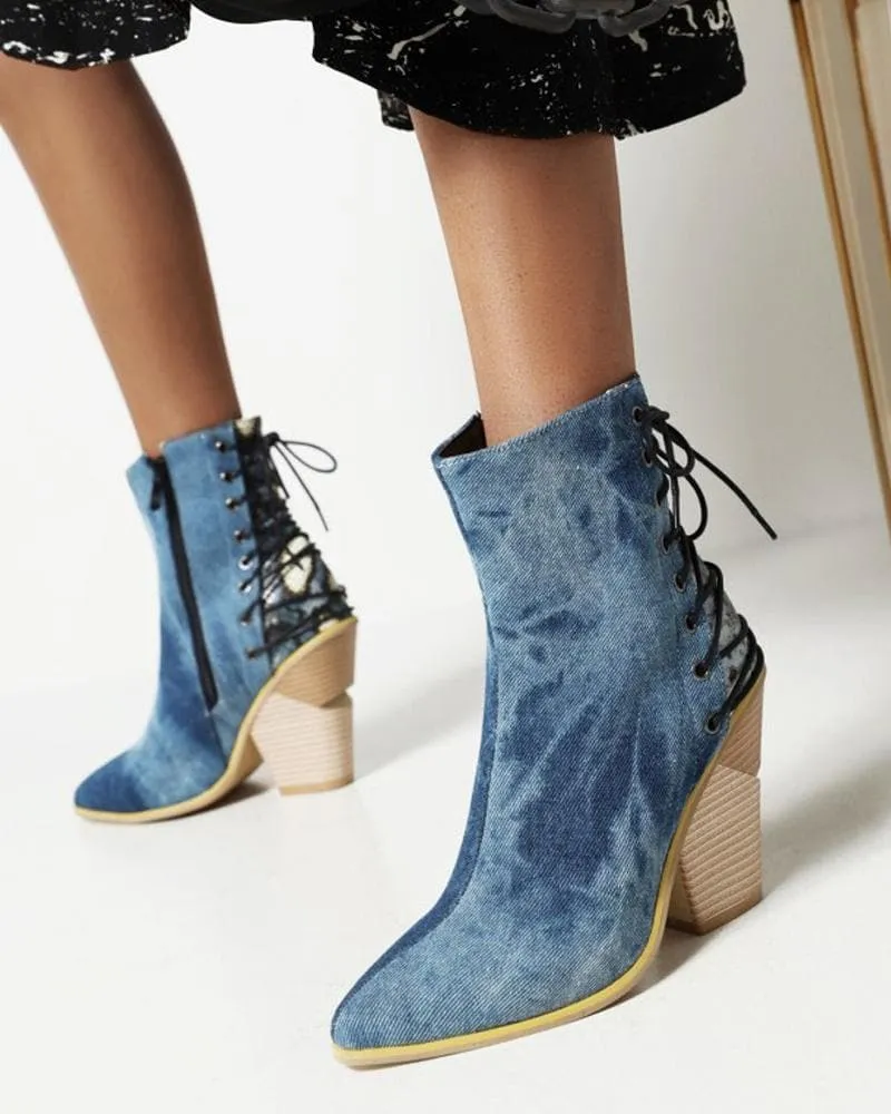 Women's Fashion Color-Blocking Zipper Chunky Heel Boots